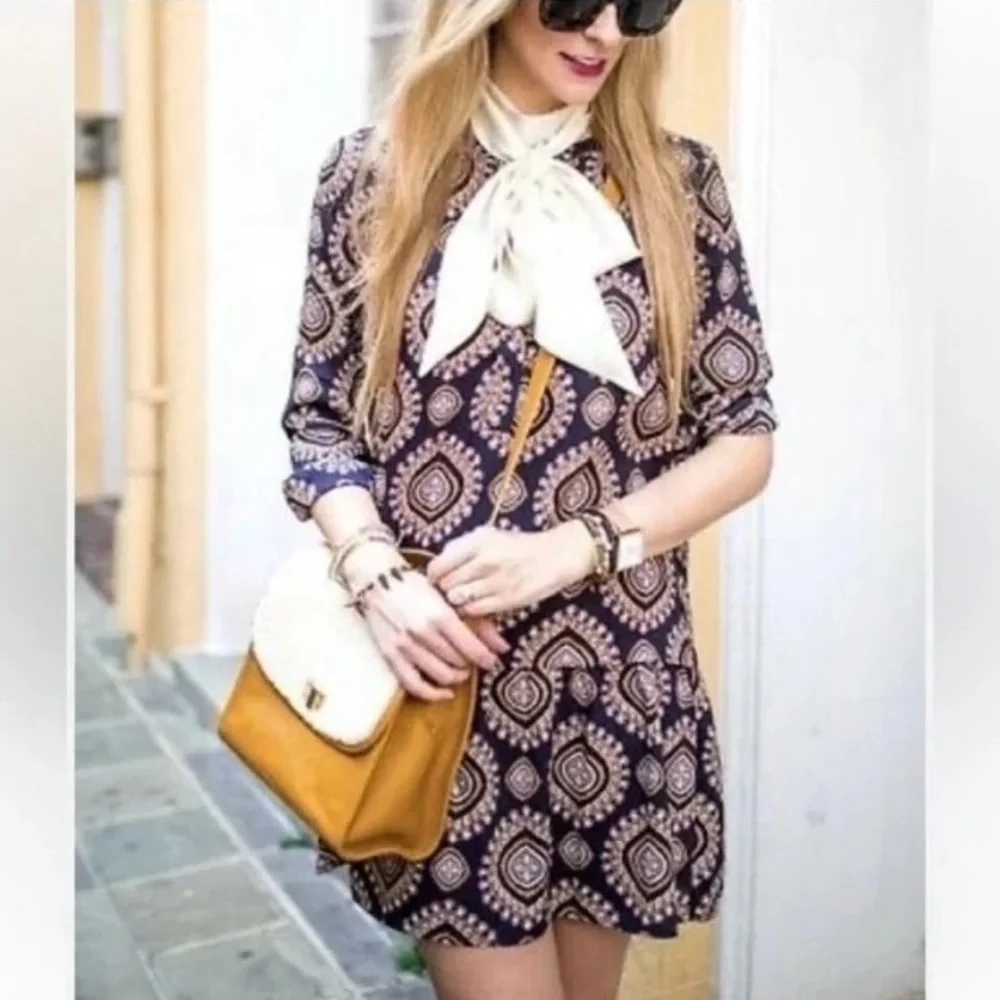 Loft Navy Blue Dress Geometric Medallion Long Sleeve Drop Waist Bohemian Sz S - Picture 3 of 14